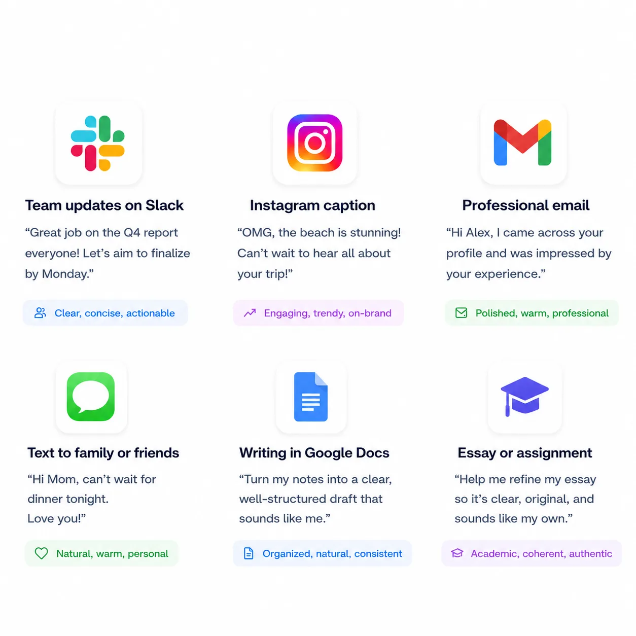 UmanWrite adapts to where and how you write — examples across Slack, Instagram, Gmail, Messages, Google Docs, Linear, LinkedIn and AI copilot prompts